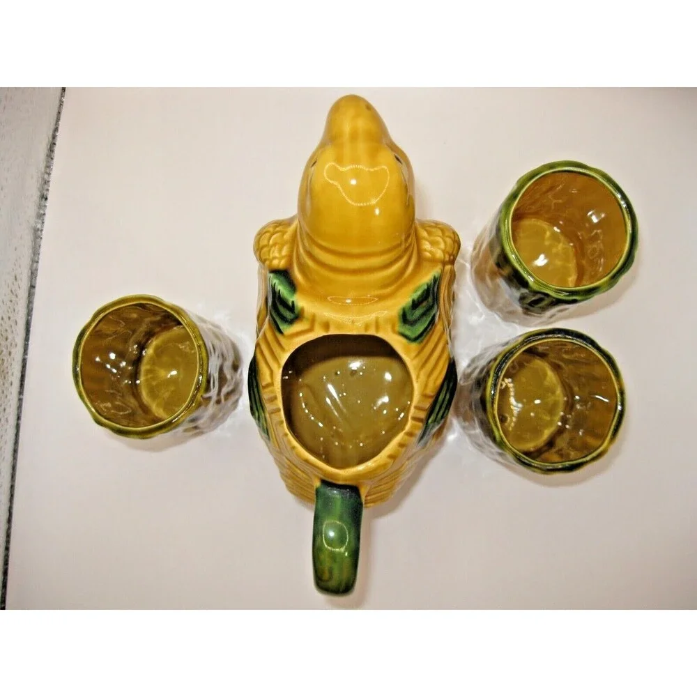 Anthropomorphic Turtle Pitcher & 4 Cups Tiki Barware Norleans Gold & Green Japan